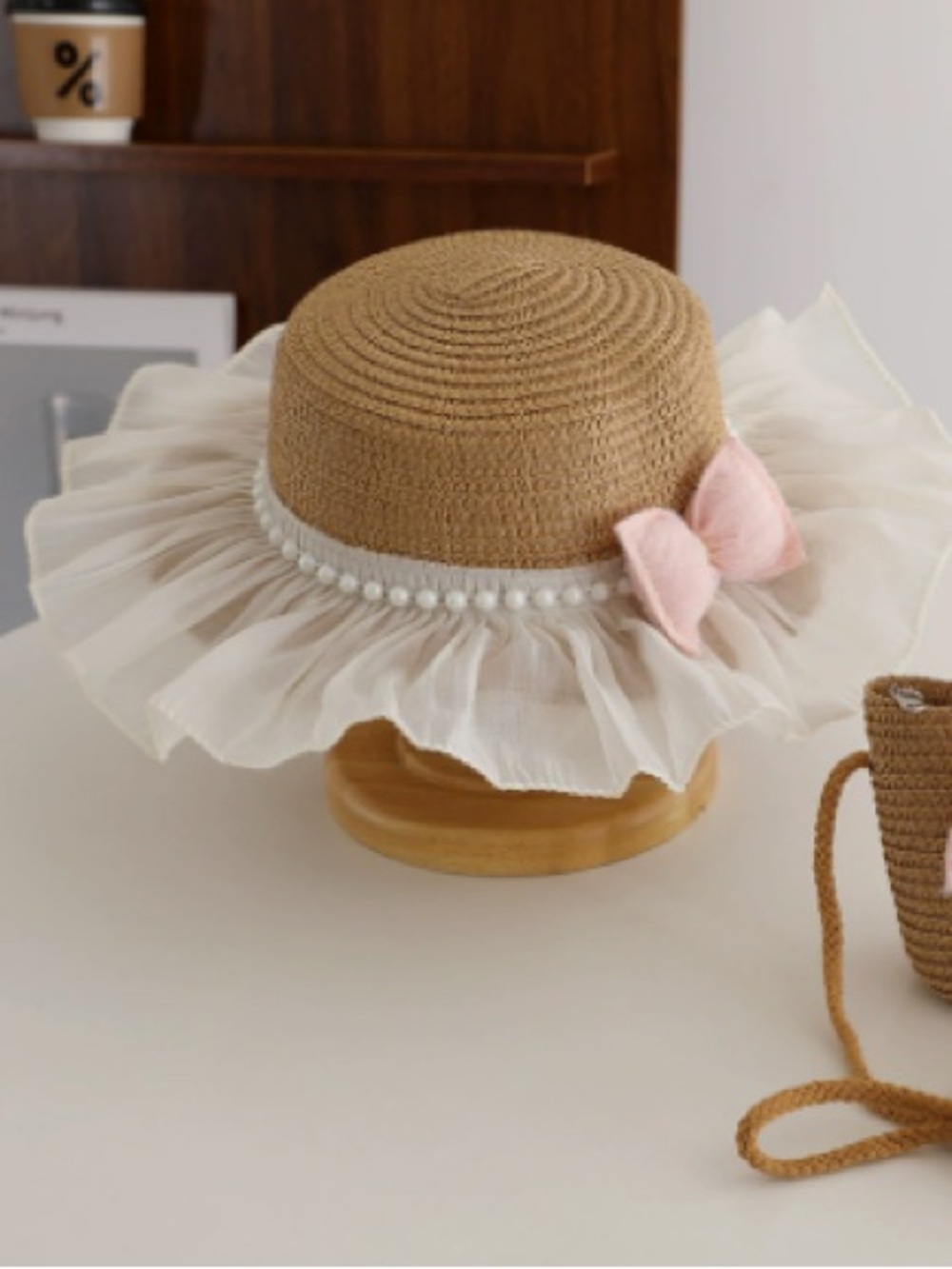 Kids Straw Sun Hat with Cream Ruffle and Pink Bow